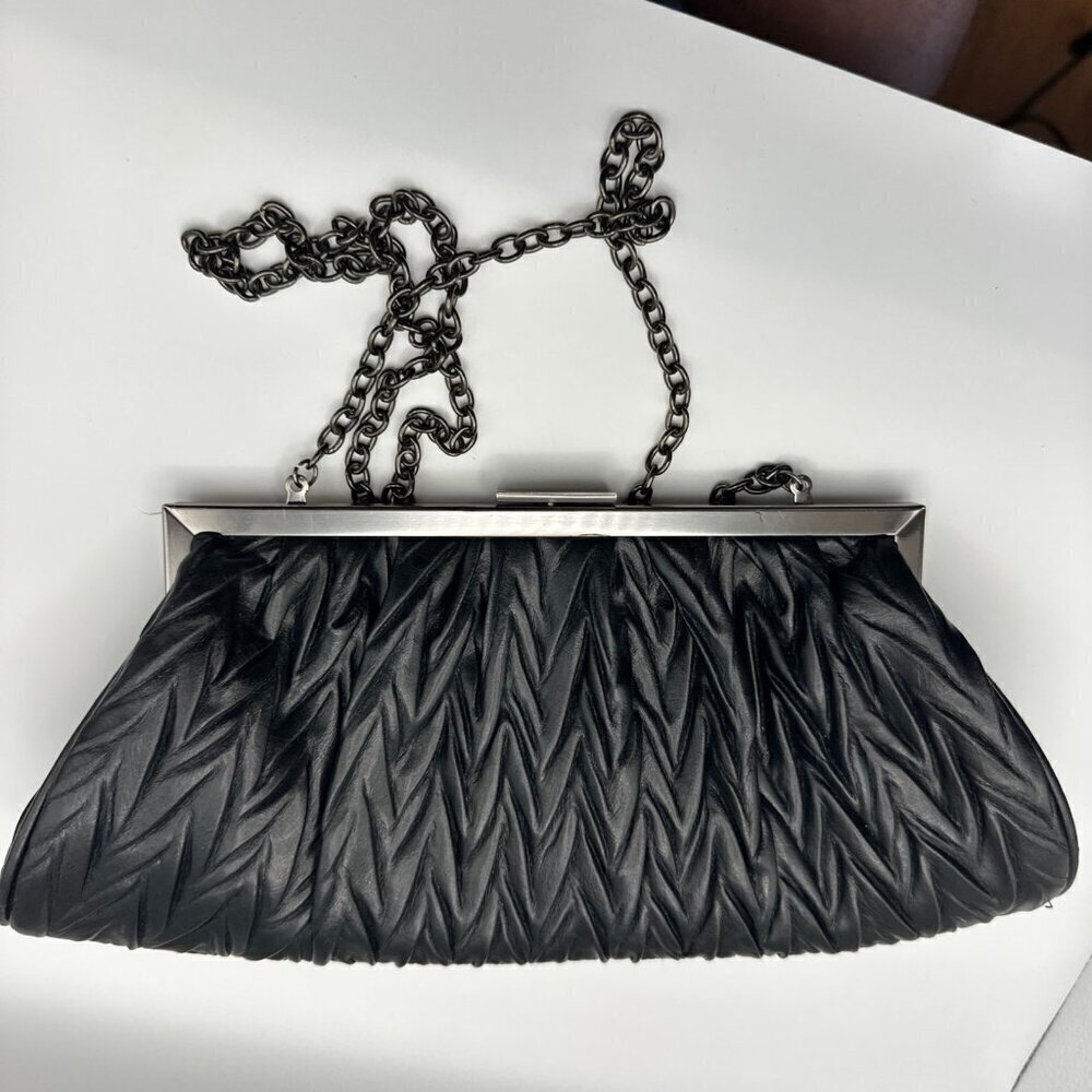 JESSICA McCLINTOCK CLUTCH OPTIONAL SHOULDER CHAIN EVENING BLACK FAUX LEATHER